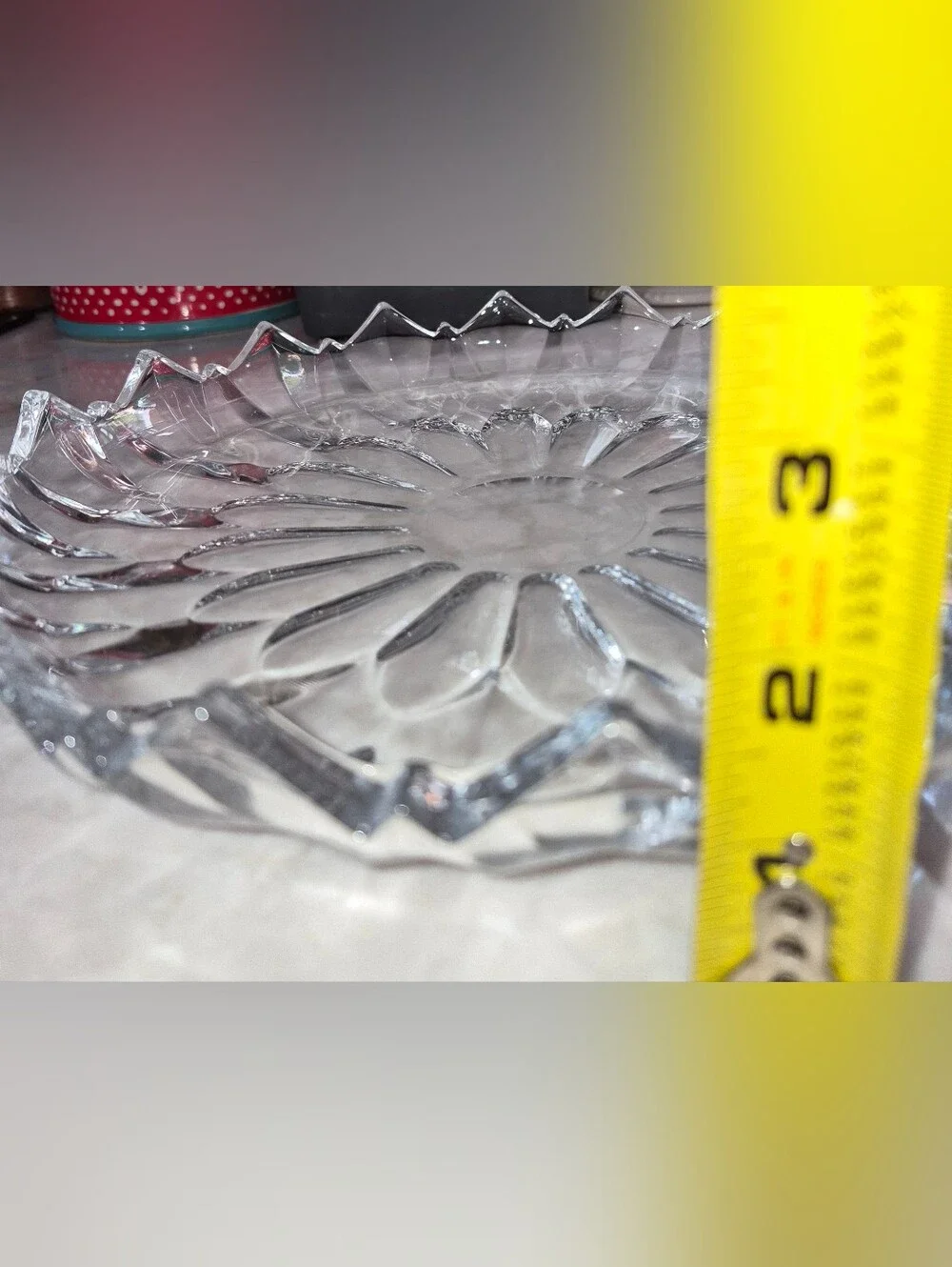 Vintage clear pressed-glass serving platter,  Radial Sunflower Scalloped Rim